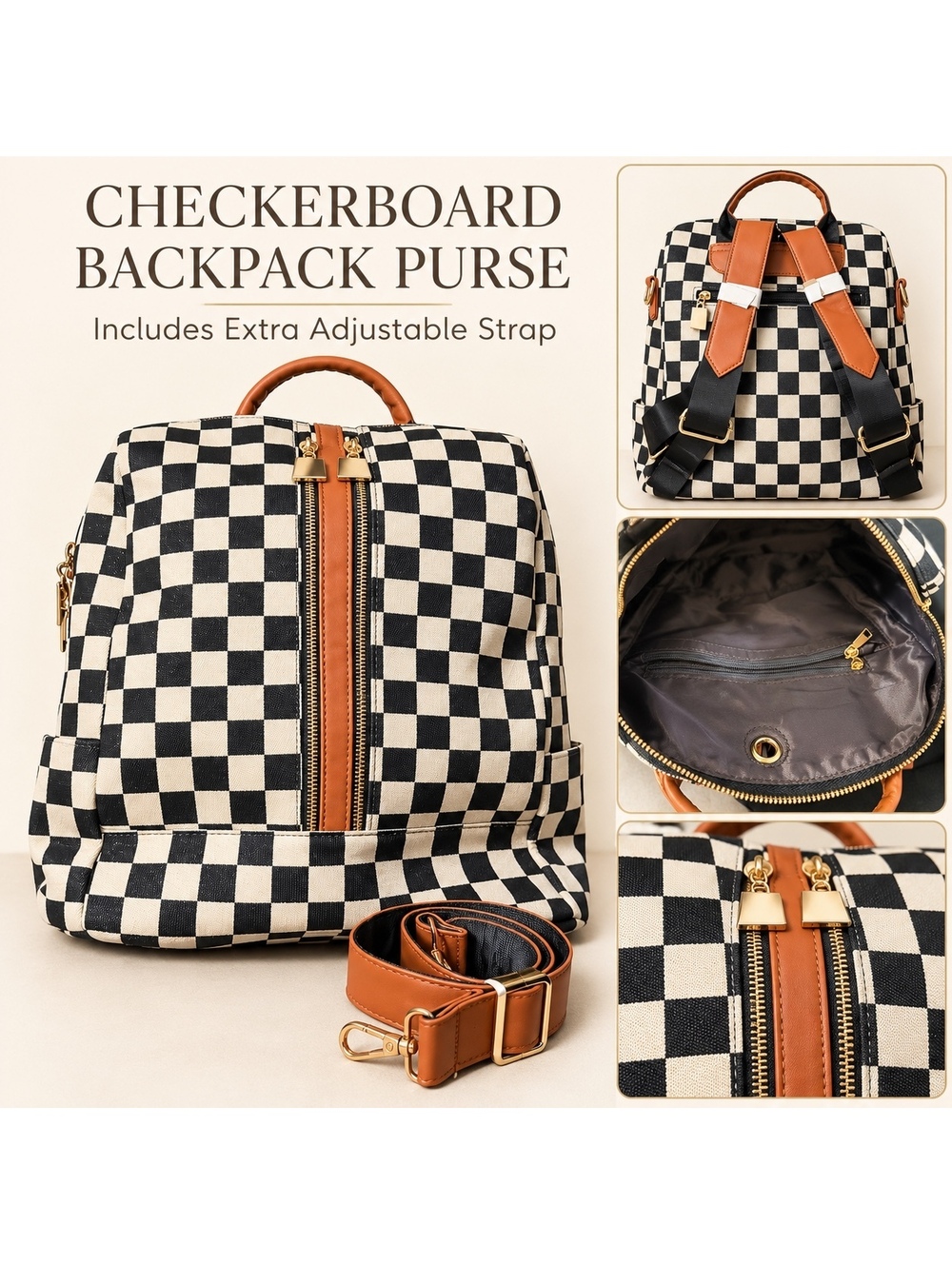 Black & Ivory Checkerboard Convertible Backpack Purse with Extra Strap - New